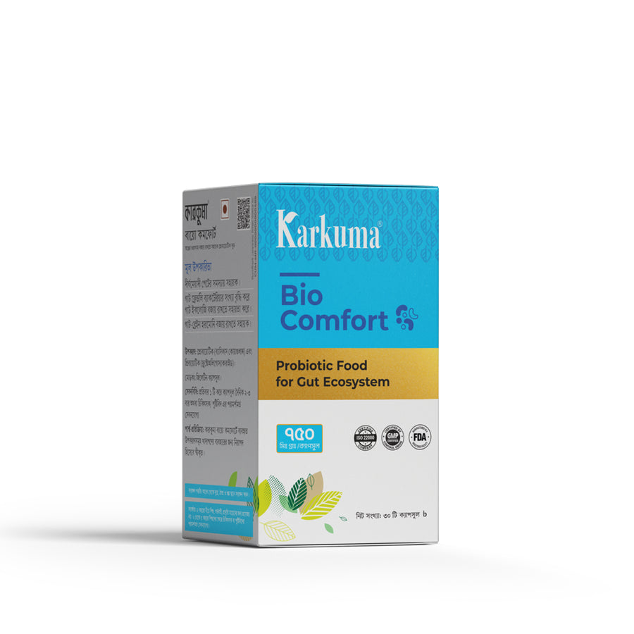 Karkuma Bio Comfort probiotic supplement bottle on a white background